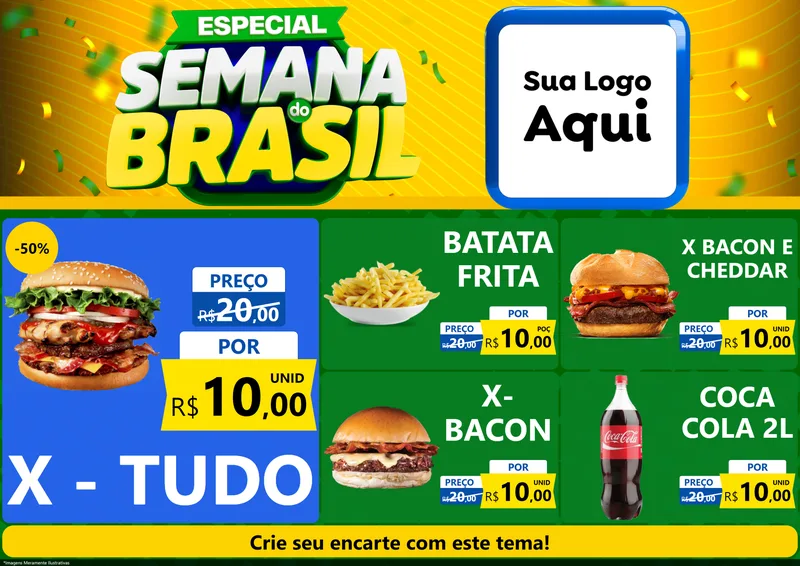 Modelo de Encarte para Encarte A4 Horizontal com o tema Especial Semana do Brasil para Hamburgueria
