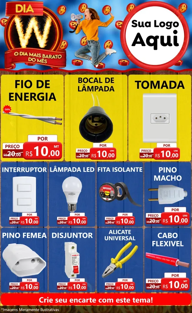 Modelo de Encarte para Encarte Grande com o tema Dia W - O Dia Mais Barato Do Mês para Materiais Elétricos