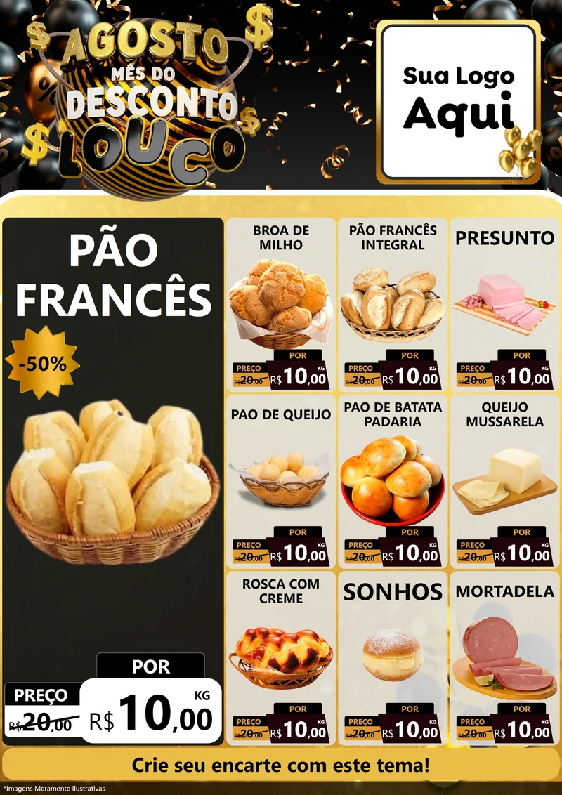 Modelo de Encarte para Encarte A4 Vertical com o tema Agosto Mês do Desconto Louco para Padaria