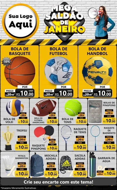 Modelo de Encarte para Encarte Grande com o tema Mega Saldão de Janeiro para Artigos Esportivos