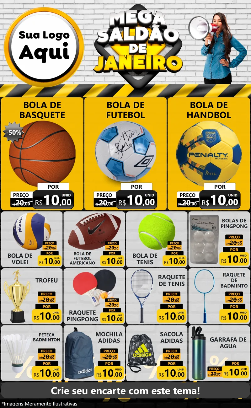 Modelo de Encarte para Encarte Grande com o tema Mega Saldão de Janeiro para Artigos Esportivos