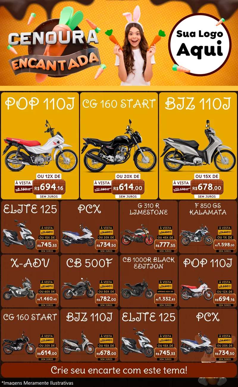 Modelo de Encarte para Encarte Grande com o tema Cenoura Encantada - Páscoa para Concessionaria de Motos