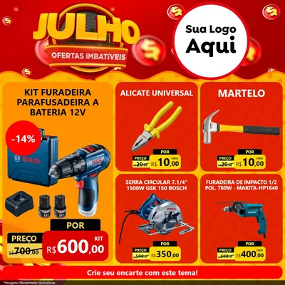Modelo de Rede Social para Feed Facebook com o tema Julho Ofertas Imbatíveis para Maquinas e Ferramentas