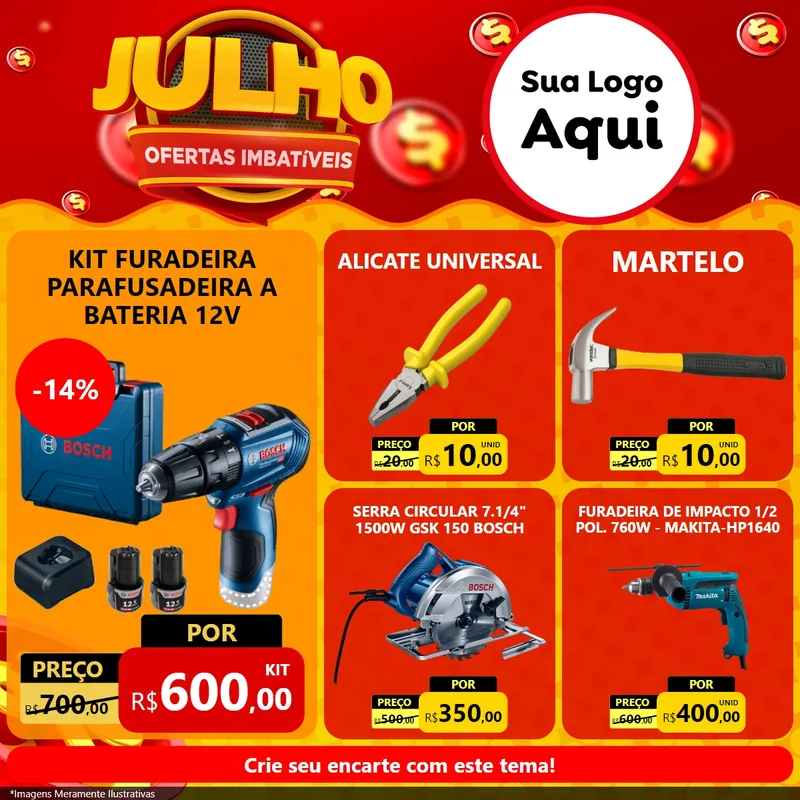 Modelo de Rede Social para Feed Facebook com o tema Julho Ofertas Imbatíveis para Maquinas e Ferramentas