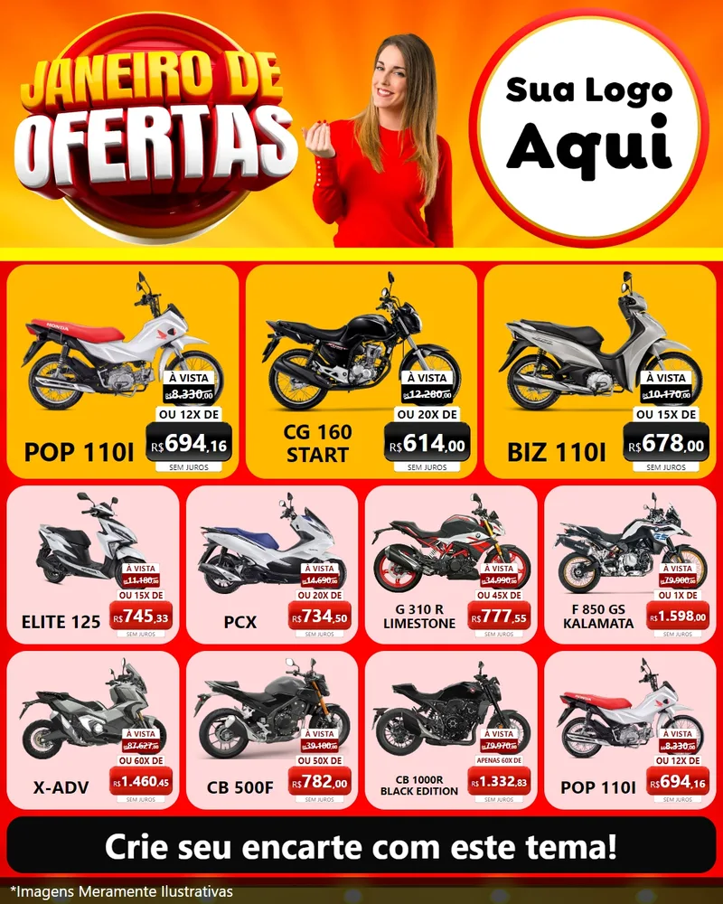 Modelo de Rede Social para Feed Instagram com o tema Janeiro de Ofertas para Concessionaria de Motos