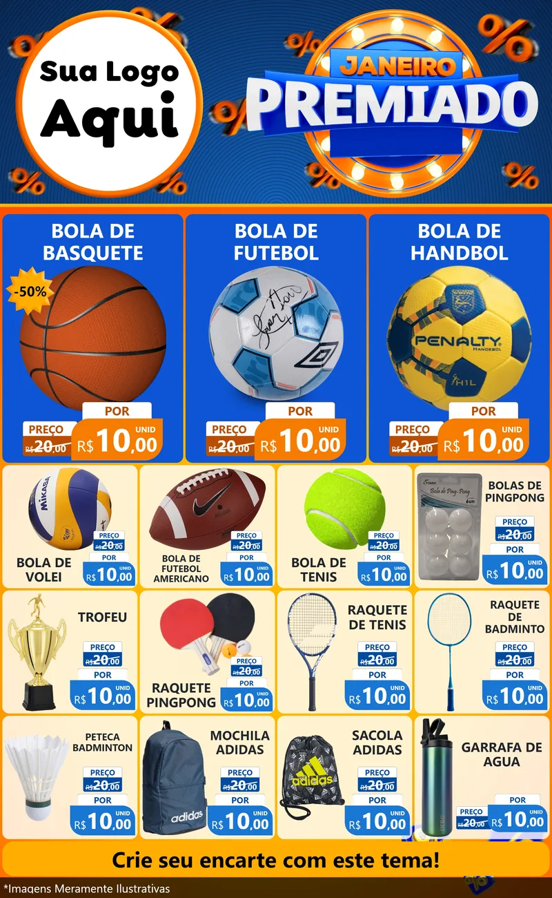 Modelo de Encarte para Encarte Grande com o tema Janeiro Premiado para Artigos Esportivos