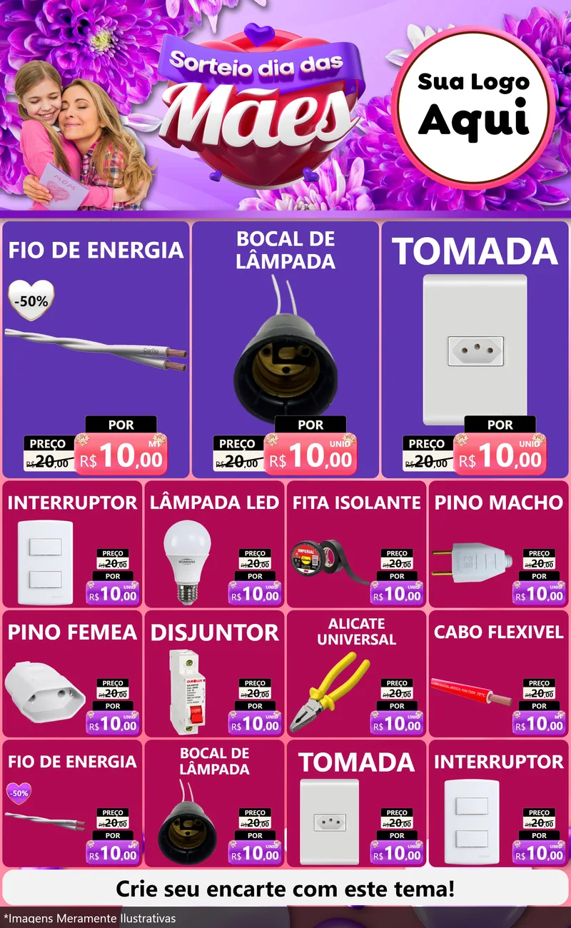 Modelo de Encarte para Encarte Grande com o tema Sorteio Dia das Mães para Materiais Elétricos