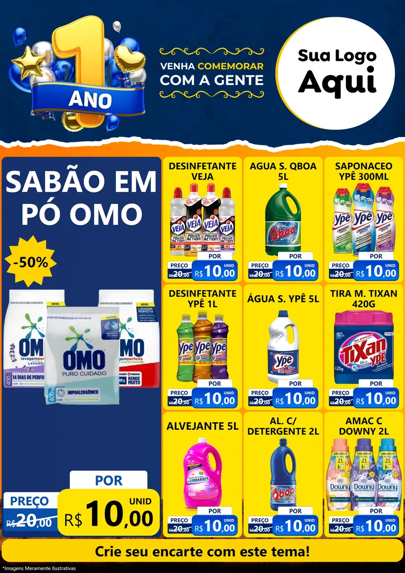 Modelo de Encarte para Encarte A4 Vertical com o tema Um Ano de Aniversário para Produtos de Limpeza
