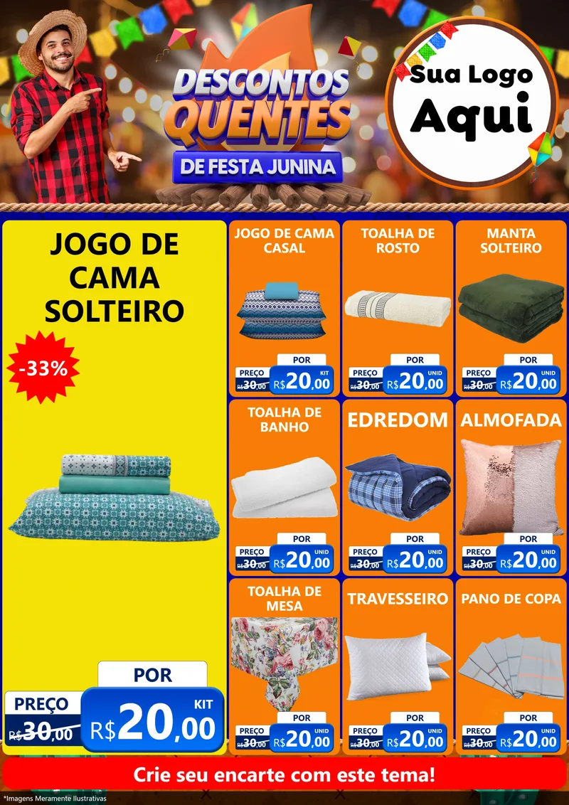 Modelo de Encarte para Encarte A4 Vertical com o tema Descontos Quentes de Festa Junina para Cama, Mesa e Banho