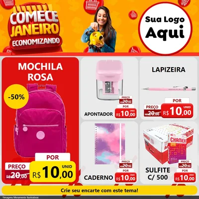 Modelo de Rede Social para Feed Facebook com o tema Comece Janeiro Economizando para Papelaria