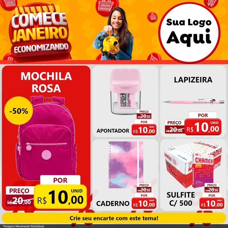 Modelo de Rede Social para Feed Facebook com o tema Comece Janeiro Economizando para Papelaria