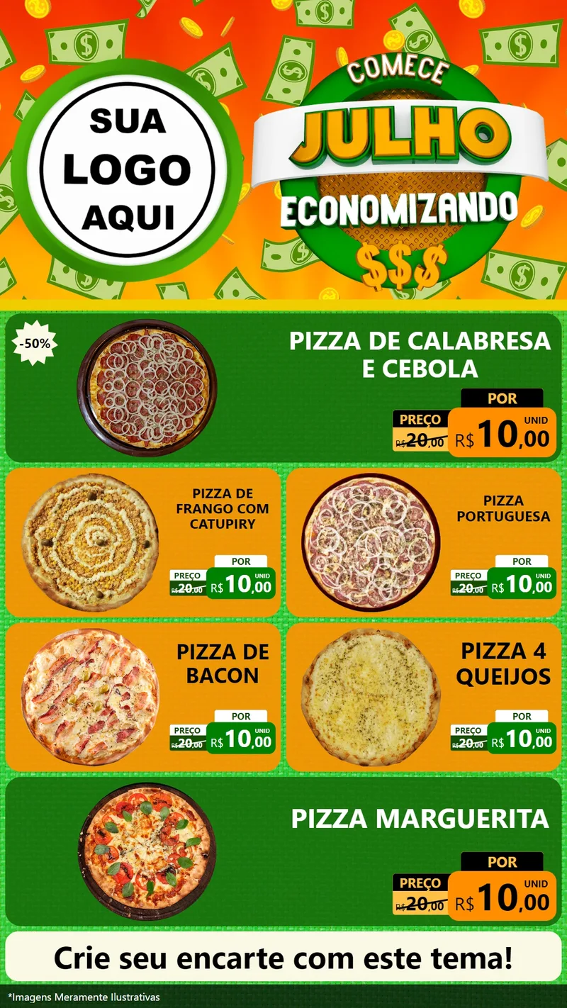 Modelo de TV para TV Vertical com o tema Comece Julho Economizando para Pizzaria