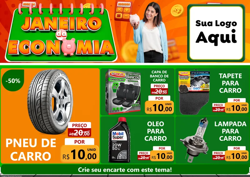 Modelo de Encarte para Encarte A4 Horizontal com o tema Janeiro da Economia para Auto peças