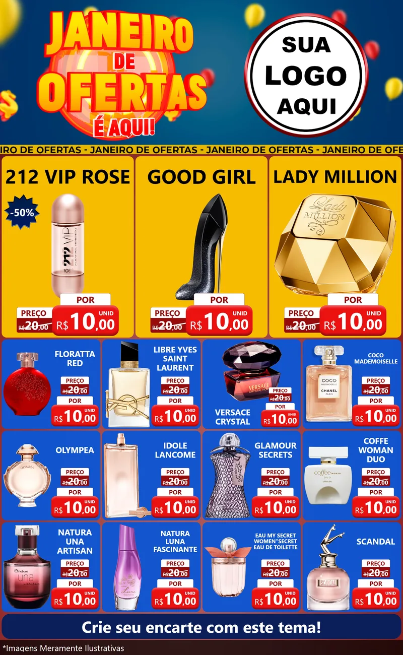 Modelo de Encarte para Encarte Grande com o tema Janeiro de Ofertas É Aqui! para Perfumes
