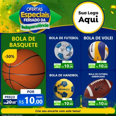 Modelo de Rede Social para Feed Facebook com o tema Ofertas Especiais Feriado da Independência para Artigos Esportivos