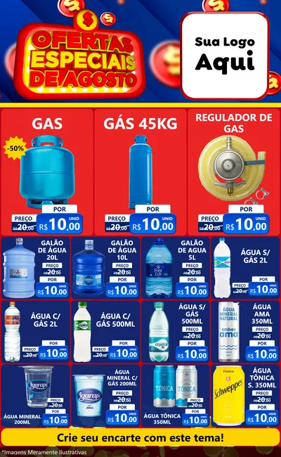 Modelo de Encarte para Encarte Grande com o tema Ofertas Especiais de Agosto para Água e gás