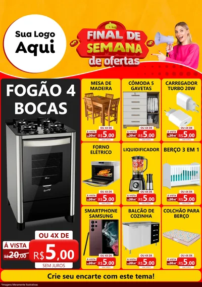 Modelo de Encarte para Encarte A4 Vertical com o tema Final de Semana de Ofertas para Móveis e Eletro