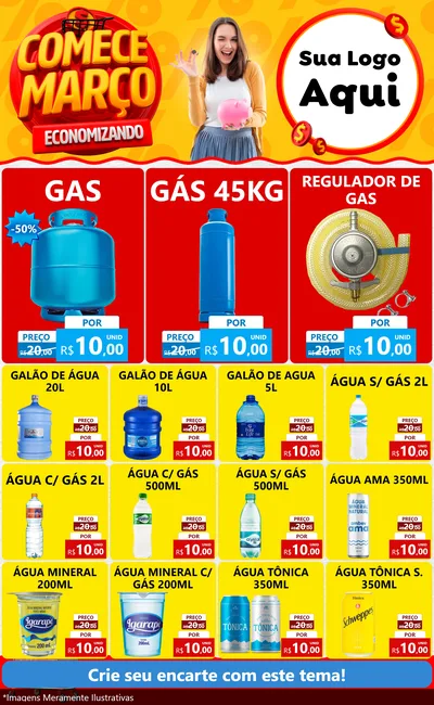 Modelo de Encarte para Encarte Grande com o tema Comece Março Economizando para Água e gás