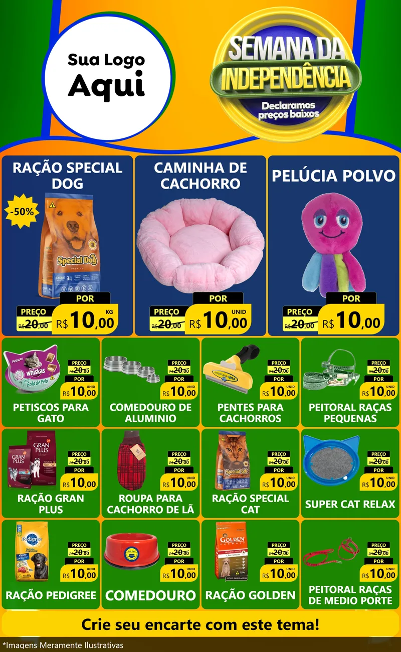 Modelo de Encarte para Encarte Grande com o tema Semana da Independência Declaramos Preços Baixos para Pet Shop