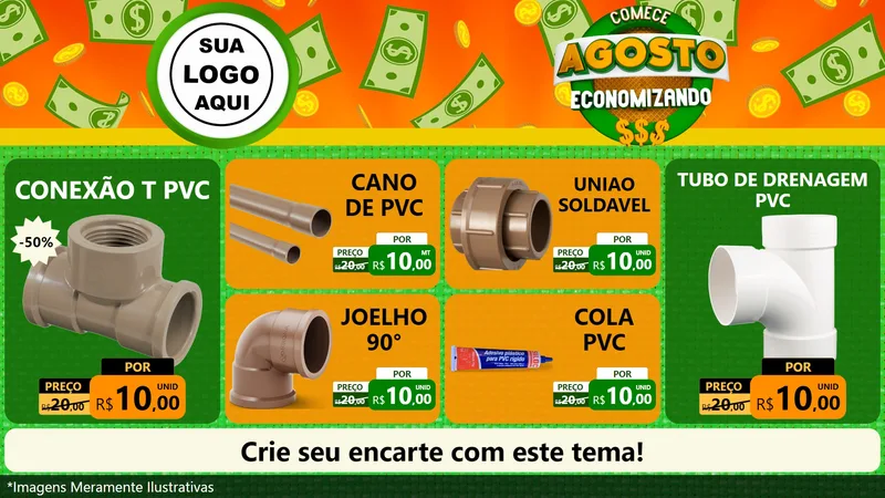 Modelo de TV para TV Horizontal com o tema Comece Agosto Economizando para Tubos e conexões