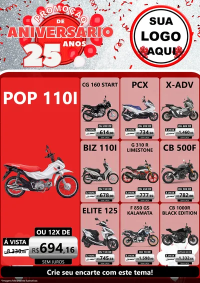 Modelo de Encarte para Encarte A4 Vertical com o tema Promoção de Aniversário - 25Anos para Concessionaria de Motos