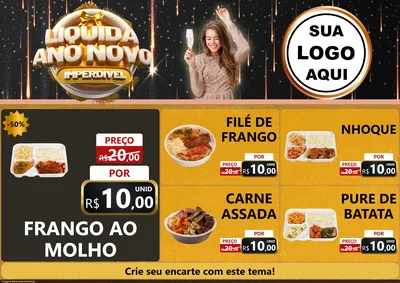Modelo de Encarte para Encarte A4 Horizontal com o tema Liquida Ano Novo Imperdível para Restaurante