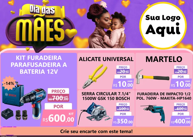 Modelo de Encarte para Encarte A4 Horizontal com o tema Dia das Mães para Maquinas e Ferramentas