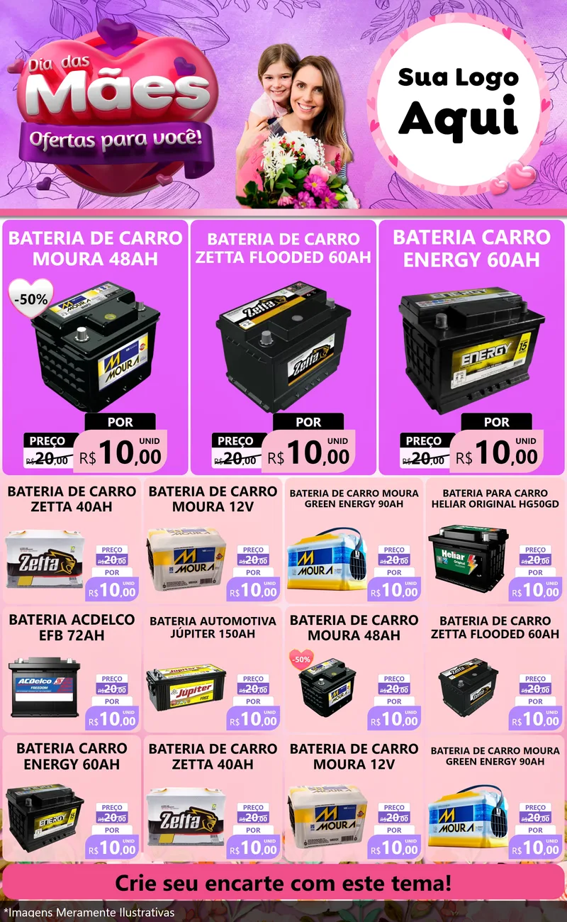 Modelo de Encarte para Encarte Grande com o tema Dia das Mães Ofertas para Você! para Baterias Elétricas