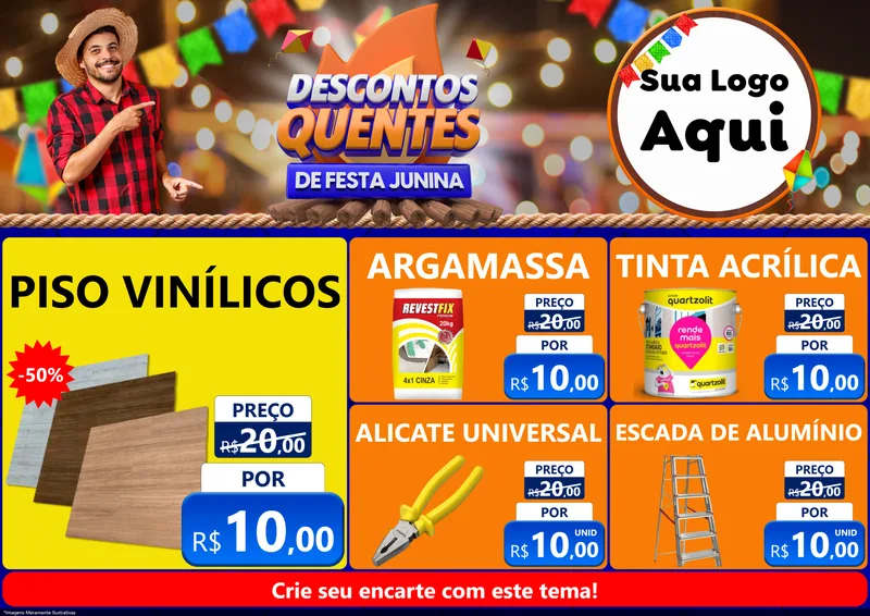 Modelo de Encarte para Encarte A4 Horizontal com o tema Descontos Quentes de Festa Junina para Material para Construção