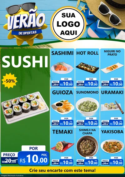 Modelo de Encarte para Encarte A4 Vertical com o tema Verão de Ofertas para Comida japonesa