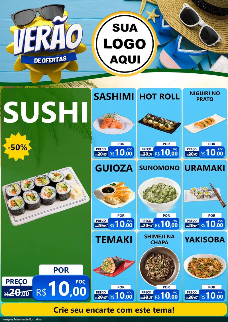 Modelo de Encarte para Encarte A4 Vertical com o tema Verão de Ofertas para Comida japonesa