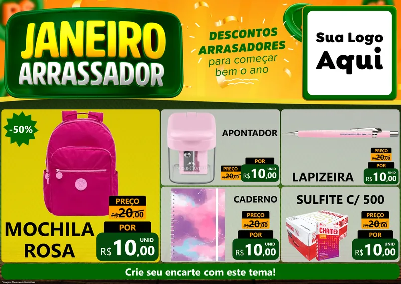 Modelo de Encarte para Encarte A4 Horizontal com o tema Janeiro Arrasador para Papelaria