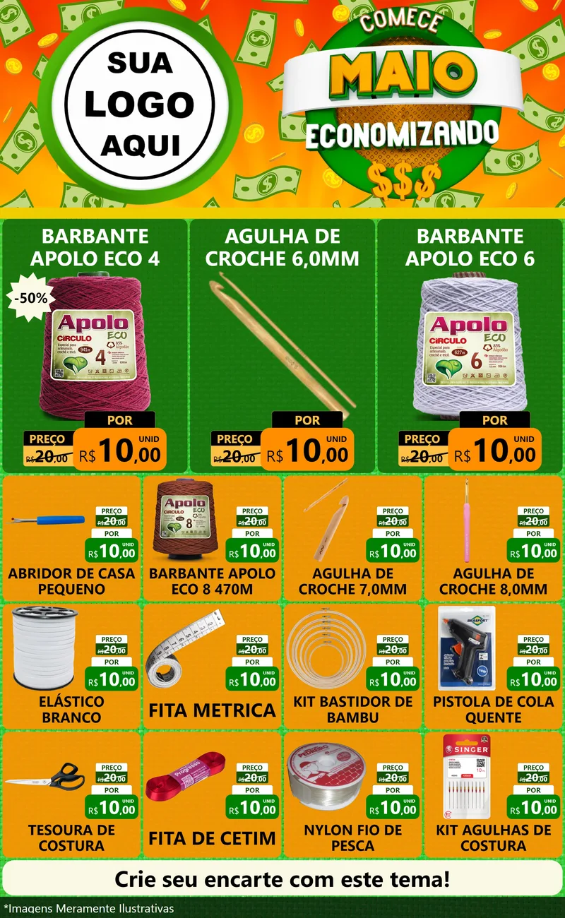 Modelo de Encarte para Encarte Grande com o tema Comece Maio Economizando para Armarinho e Aviamentos