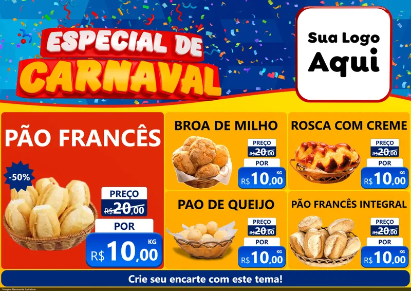 Modelo de Encarte para Encarte A4 Horizontal com o tema Especial de Carnaval para Padaria