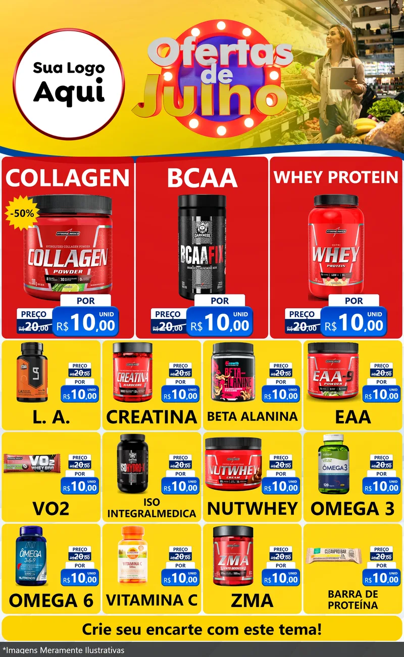 Modelo de Encarte para Encarte Grande com o tema Ofertas de Julho para Suplementos alimentares