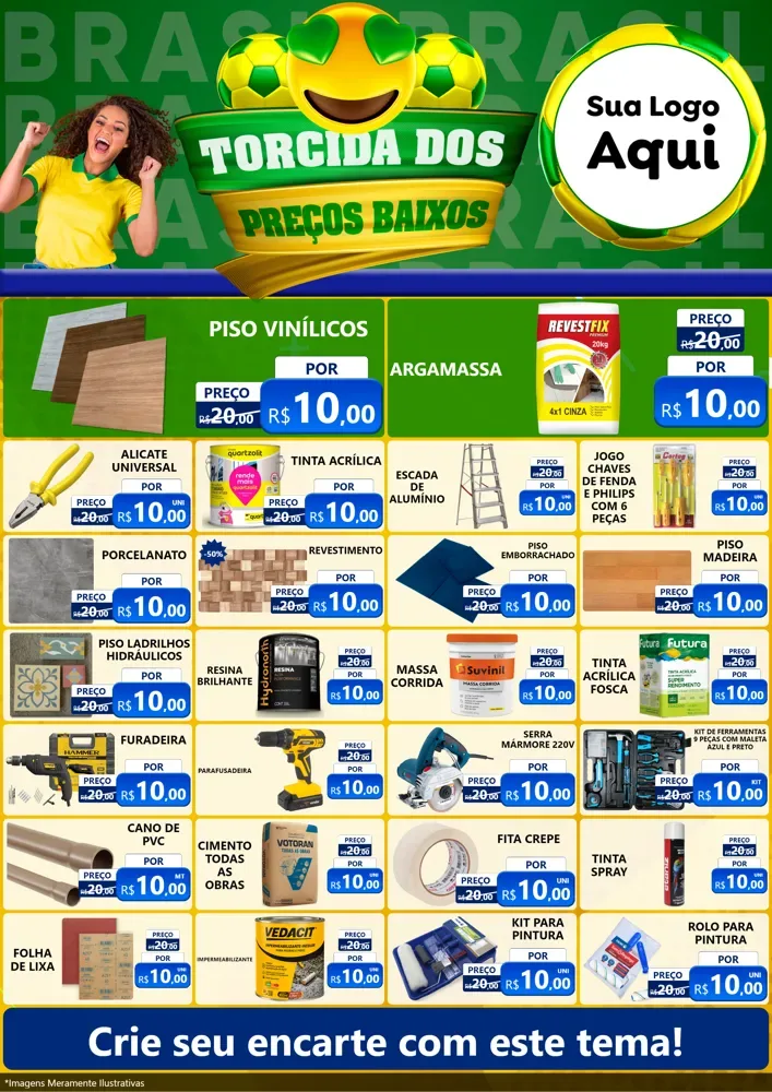 Modelo de Encarte para Encarte A4 Vertical com o tema Torcida dos Preços Baixos - Copa para Material para Construção