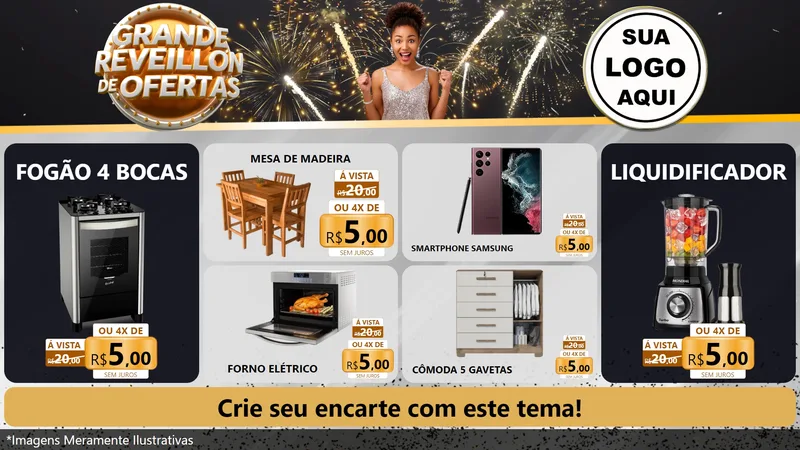 Modelo de TV para TV Horizontal com o tema Grande Réveillon de Ofertas para Móveis e Eletro