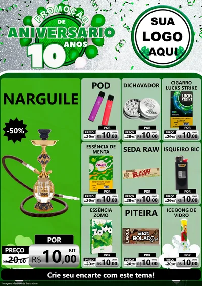 Modelo de Encarte para Encarte A4 Vertical com o tema Promoção de Aniversário - 10 Anos para Tabacaria