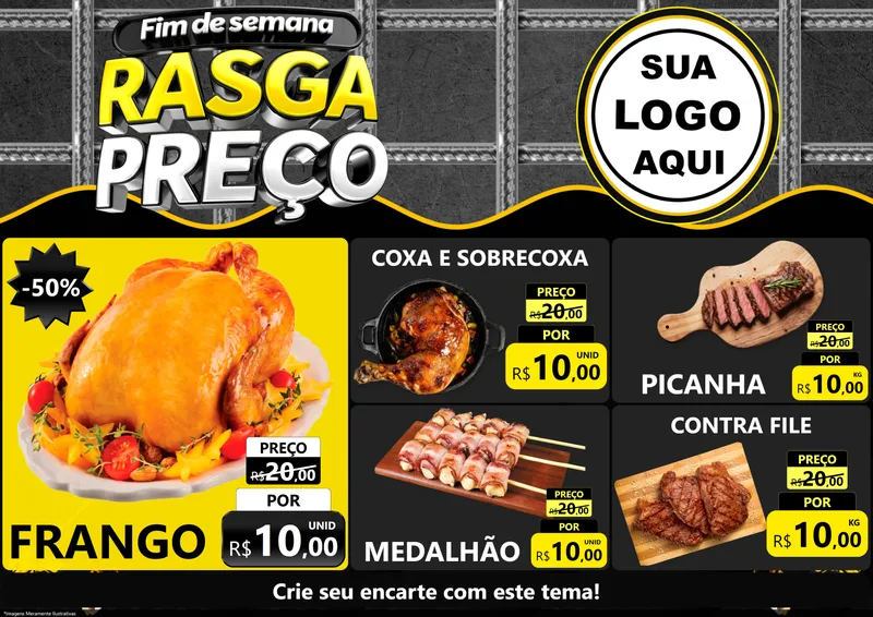 Modelo de Encarte para Encarte A4 Horizontal com o tema Fim de Semana Rasga Preço para Assados