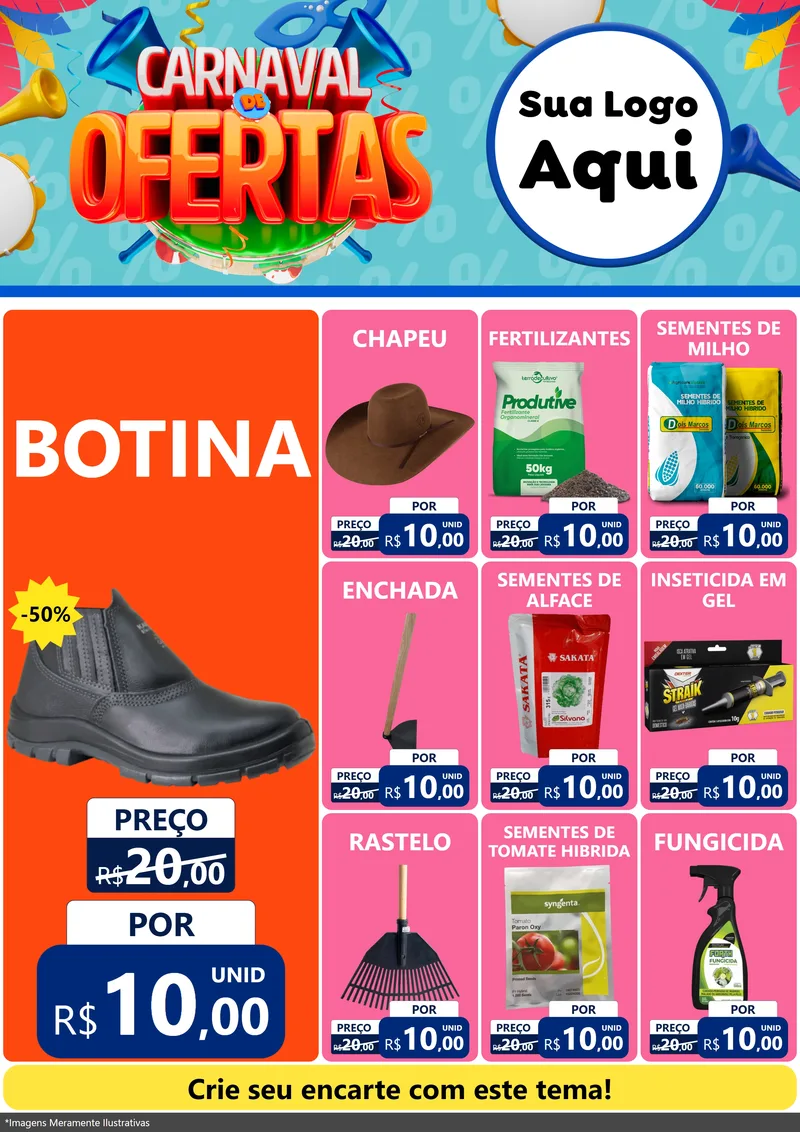 Modelo de Encarte para Encarte A4 Vertical com o tema Carnaval de Ofertas para Agropecuária