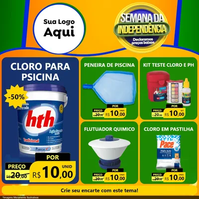 Modelo de Rede Social para Feed Facebook com o tema Semana da Independência Declaramos Preços Baixos para Produtos para Piscina