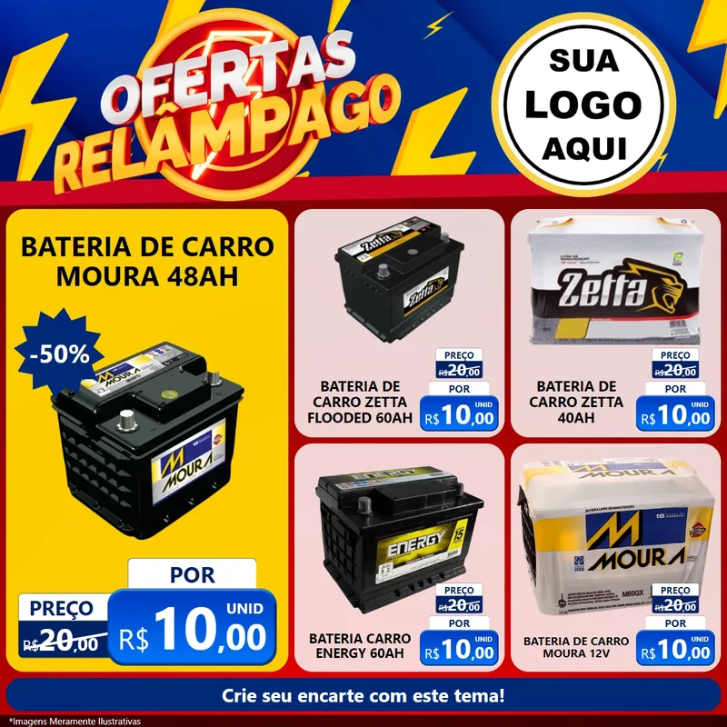 Modelo de Rede Social para Feed Facebook com o tema Ofertas Relâmpago para Baterias Elétricas