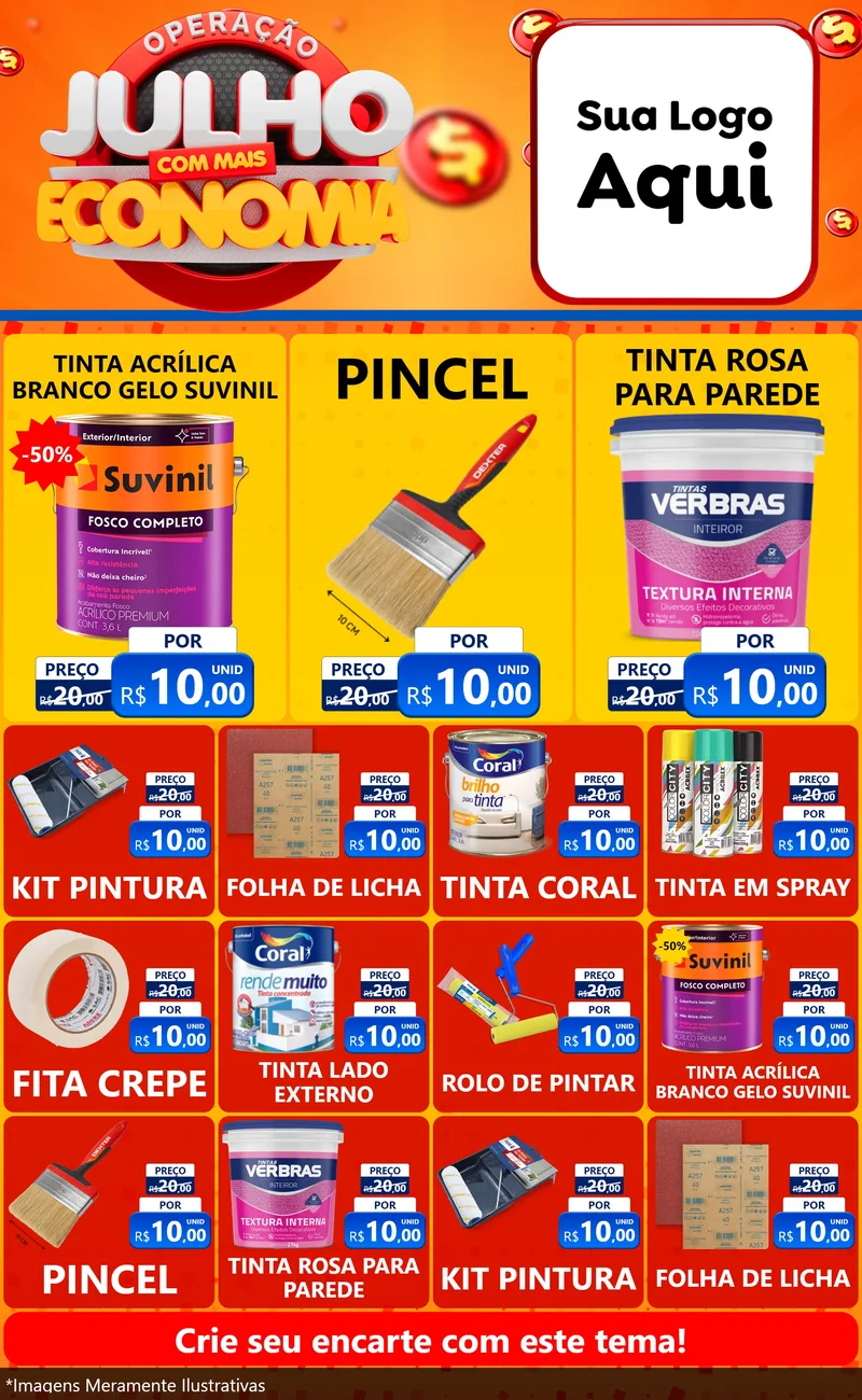 Modelo de Encarte para Encarte Grande com o tema Operação Julho Com Mais Economia para Tintas e Ferramentas