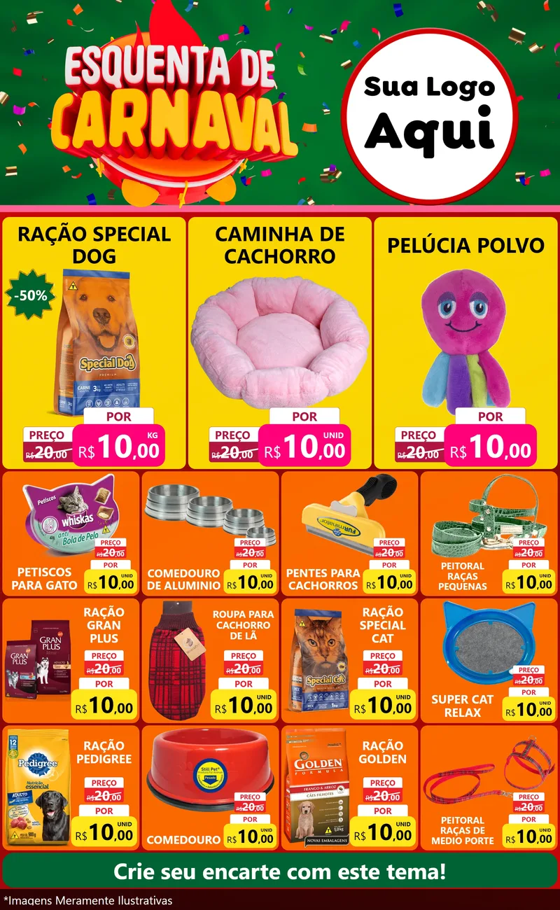 Modelo de Encarte para Encarte Grande com o tema Esquenta de Carnaval para Pet Shop