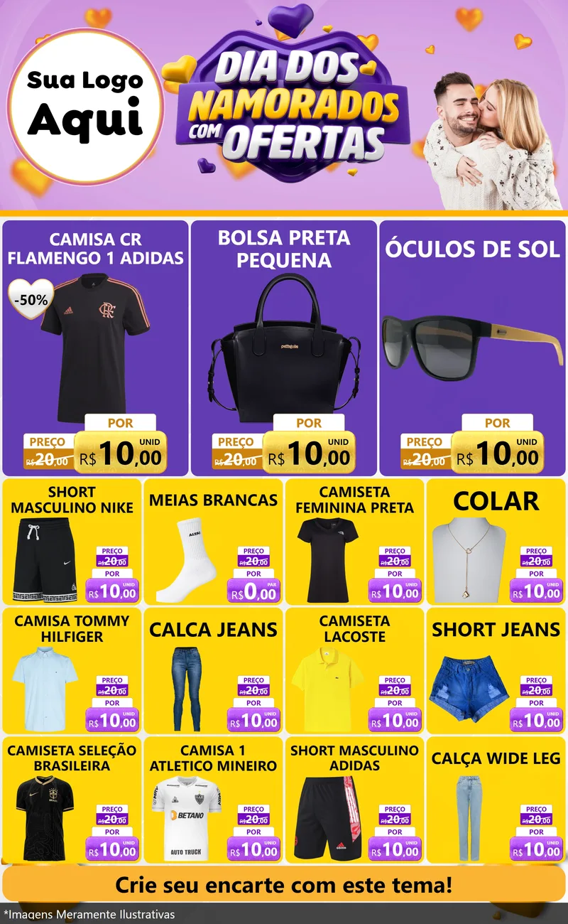 Modelo de Encarte para Encarte Grande com o tema Dia Dos Namorados Com Ofertas para Roupas e acessórios