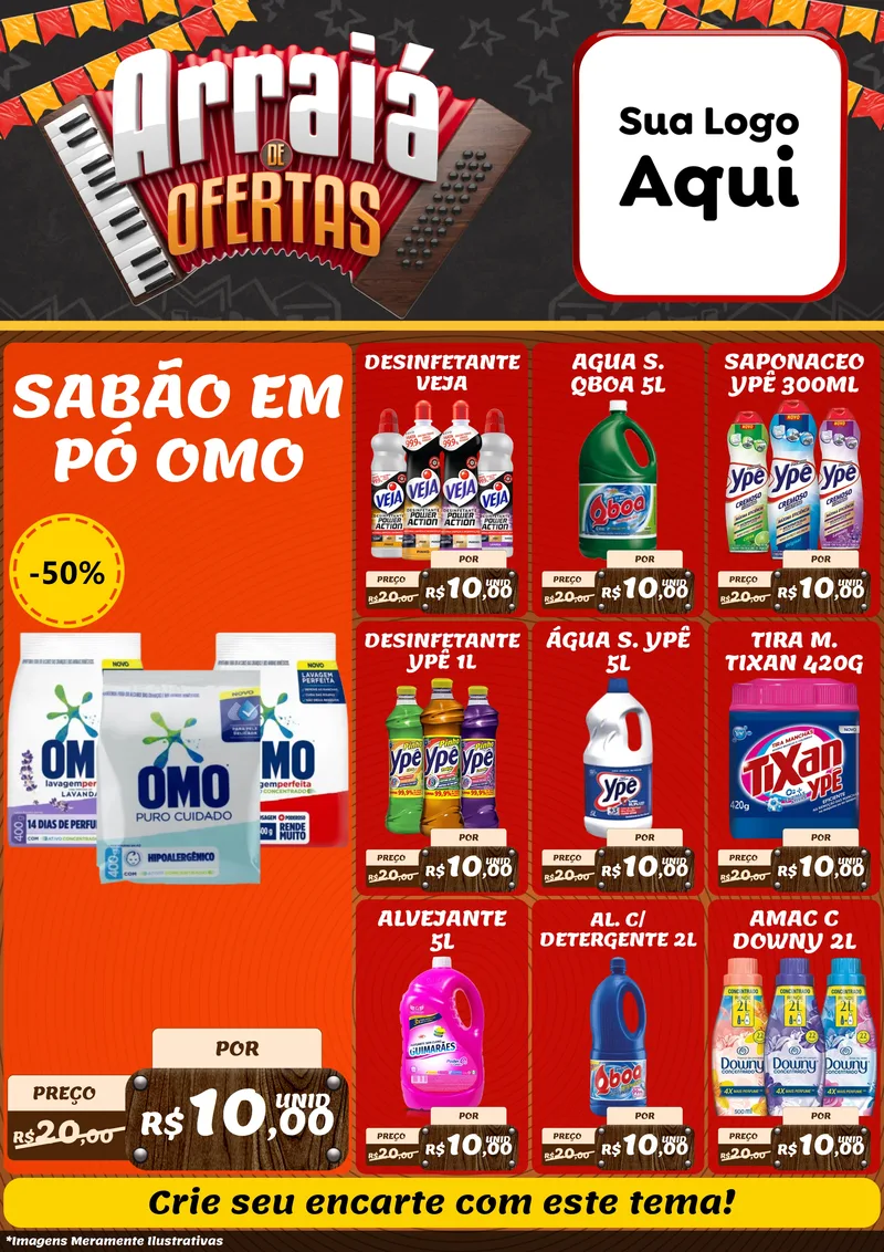 Modelo de Encarte para Encarte A4 Vertical com o tema Arraiá de Ofertas - Junina para Produtos de Limpeza