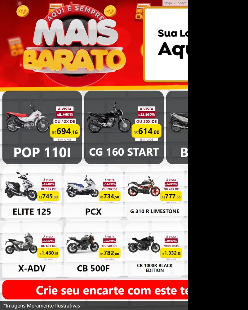 Modelo de Rede Social para Feed Instagram com o tema Mais Barato para Concessionaria de Motos