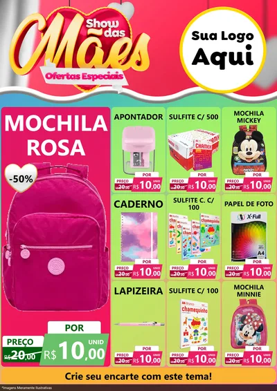 Modelo de Encarte para Encarte A4 Vertical com o tema Show das Mães - Ofertas Especiais para Papelaria