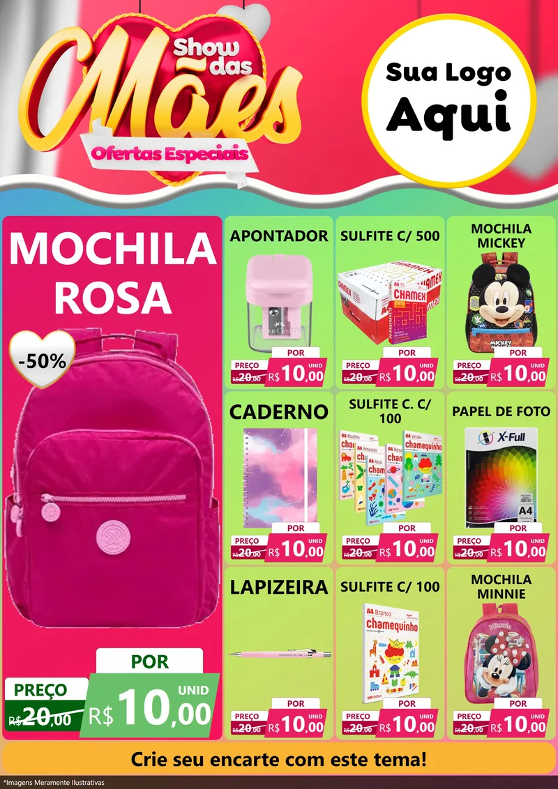Modelo de Encarte para Encarte A4 Vertical com o tema Show das Mães - Ofertas Especiais para Papelaria