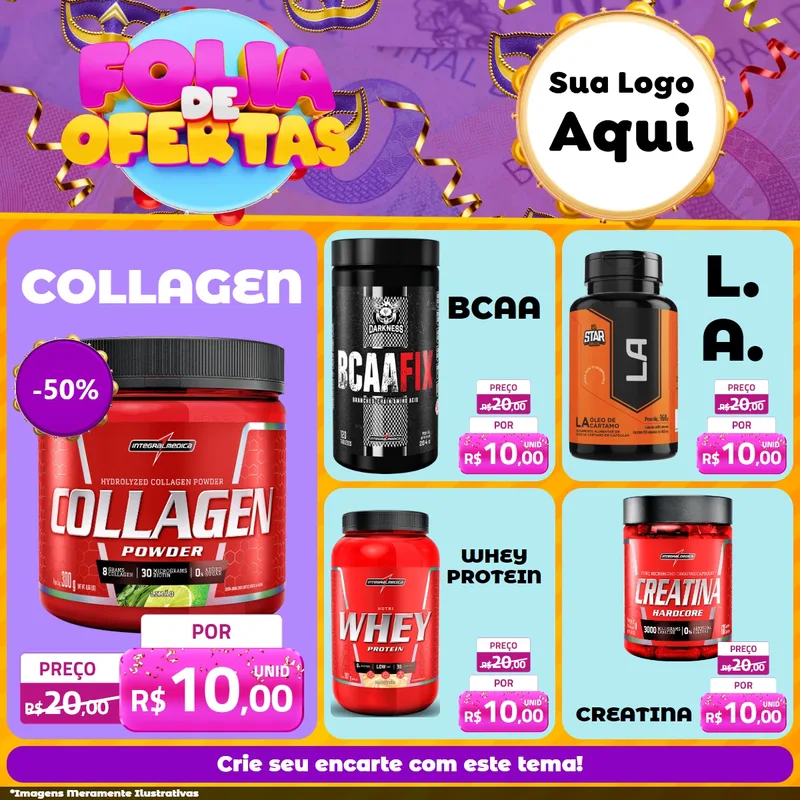 Modelo de Rede Social para Feed Facebook com o tema Folia de Ofertas para Suplementos alimentares